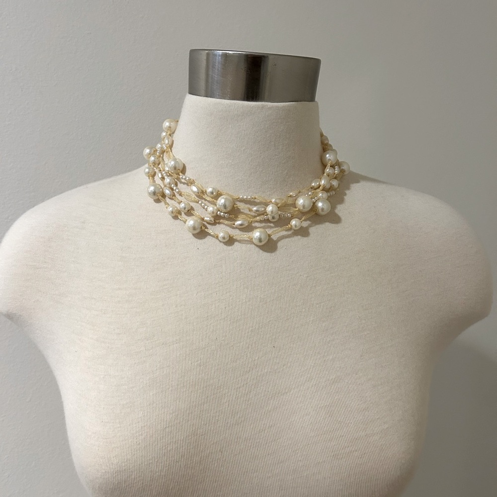 Vintage faux pearl layered ribbon necklace